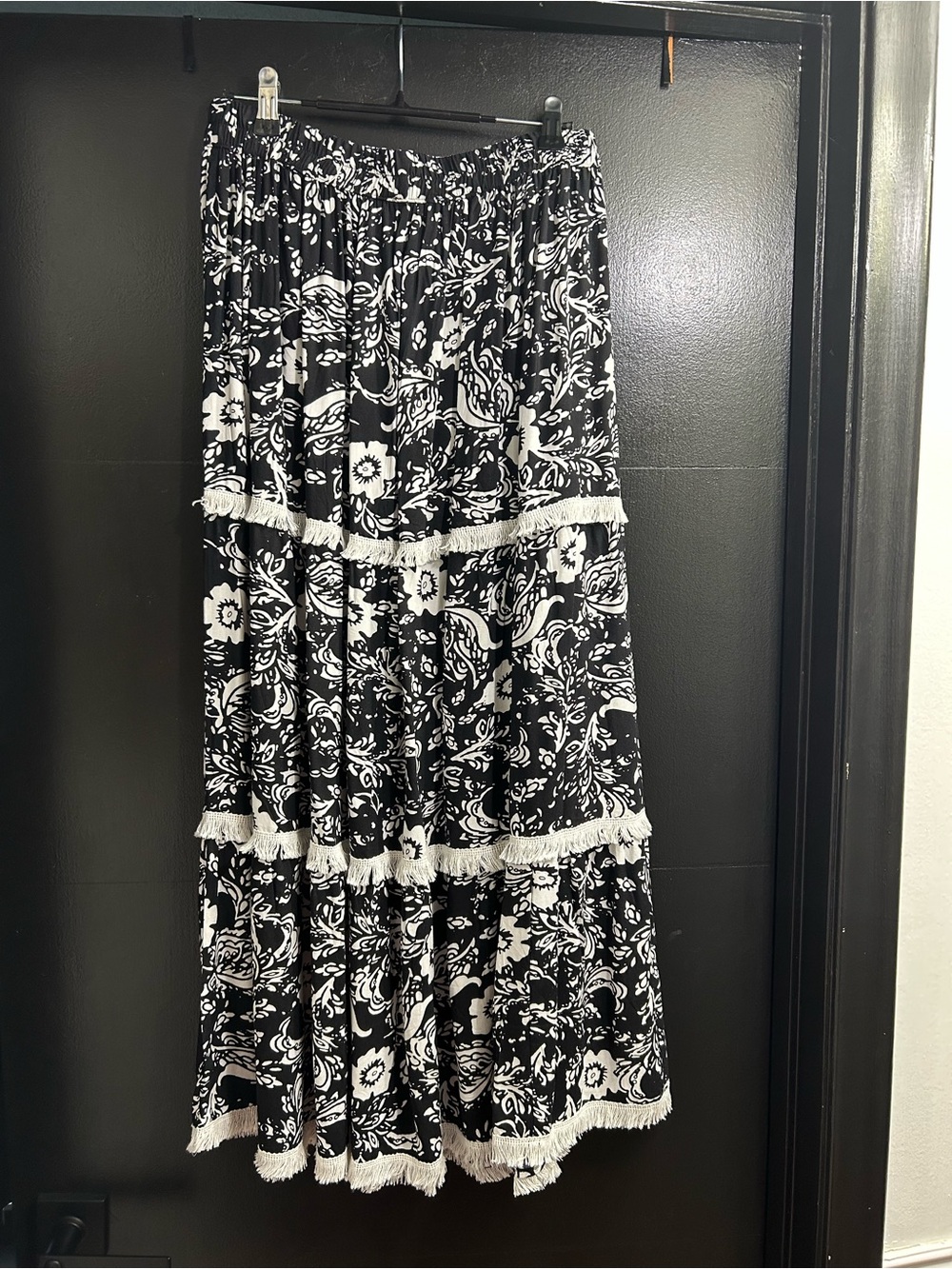 Black & White Floral Tiered Midi Skirt with Fringe Trim